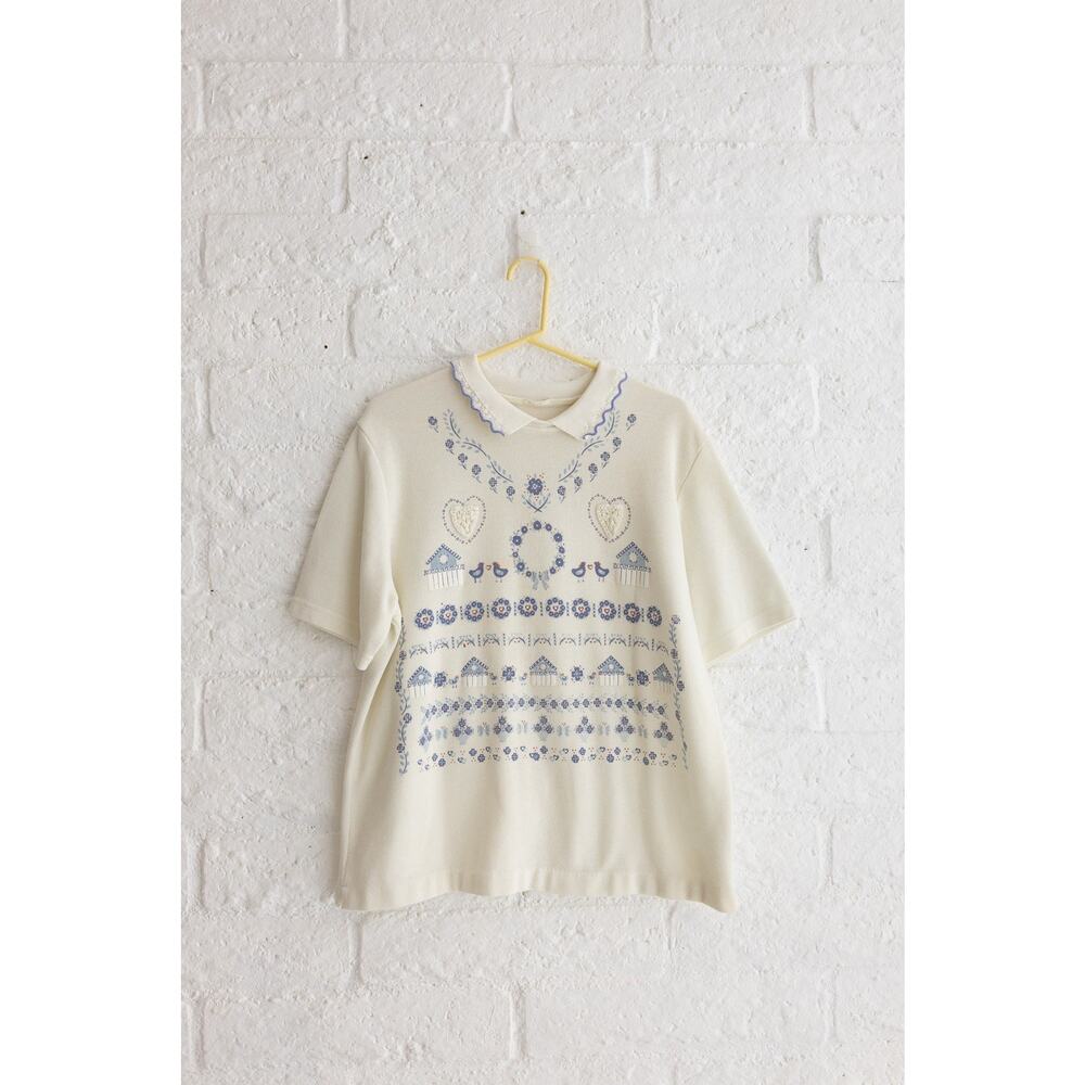 Vintage Cottagecore Floral Collared Knit Top Cream Blue Prairie Coquette Shirt